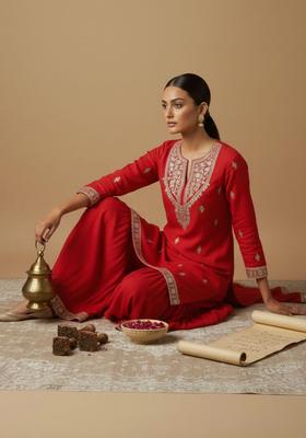 Red Embroidered Silk Sharara Set