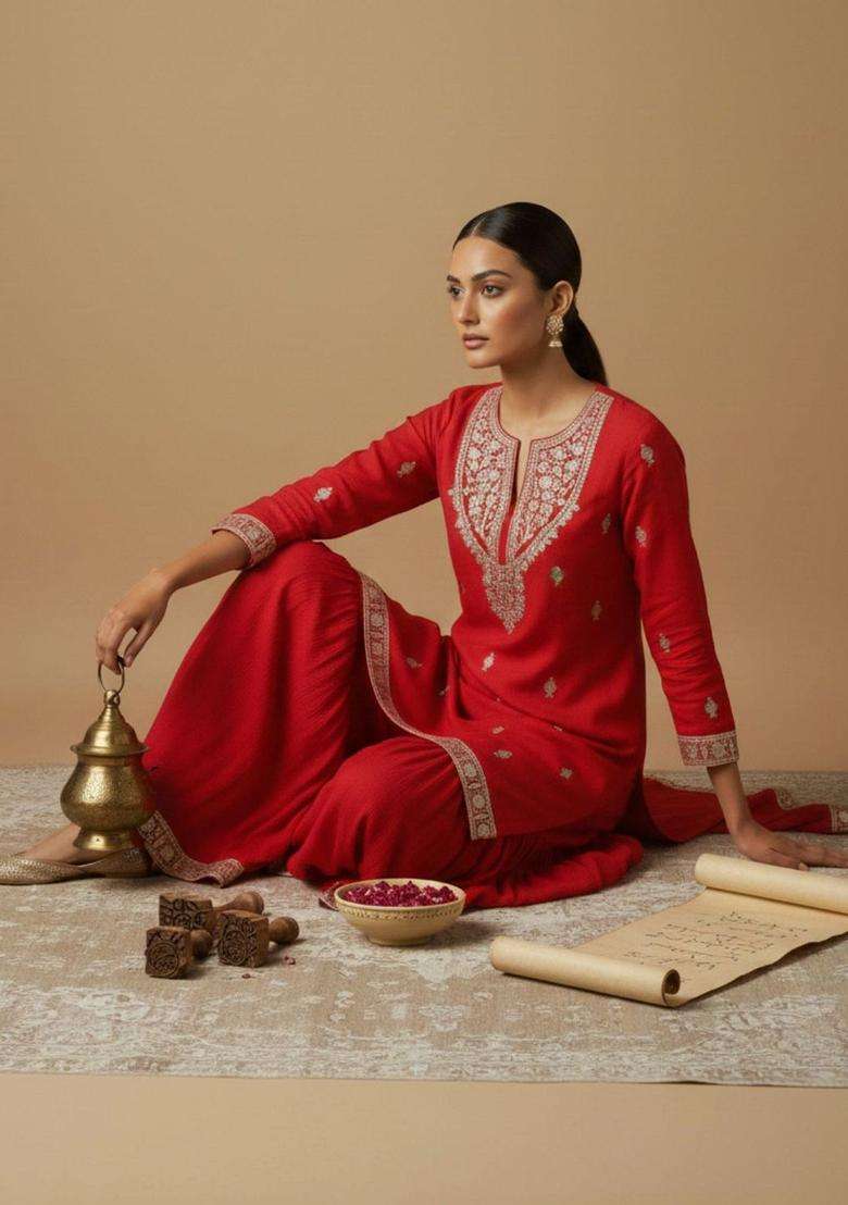 Red Embroidered Silk Sharara Set - Indya