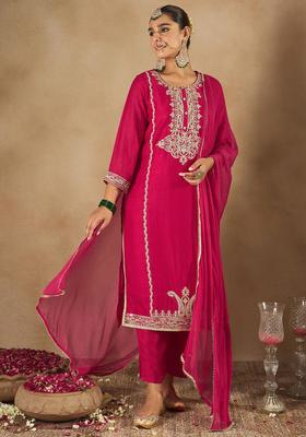Magenta Embroidered Silk Kurta Set
