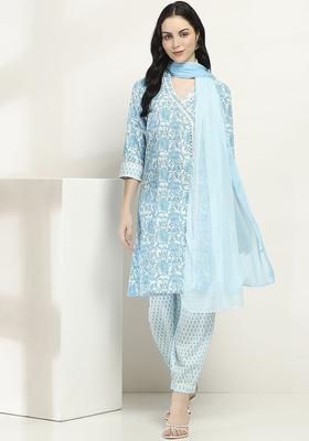 Blue Printed Cotton Kurta Set