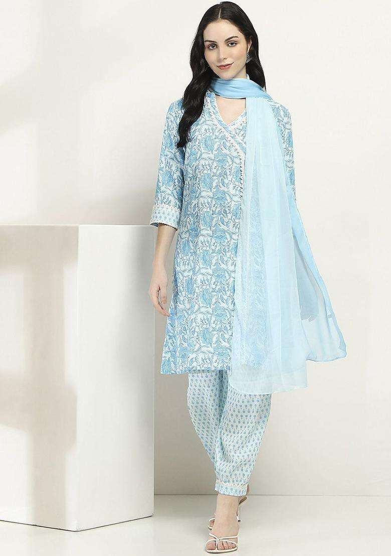 Blue Printed Cotton Kurta Set - Indya