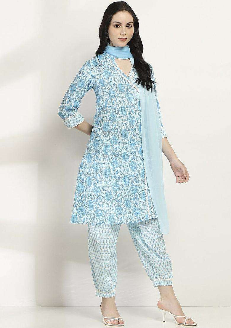 Blue Printed Cotton Kurta Set - Indya