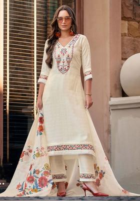 Off White Embroidered Silk Blend Kurta Set
