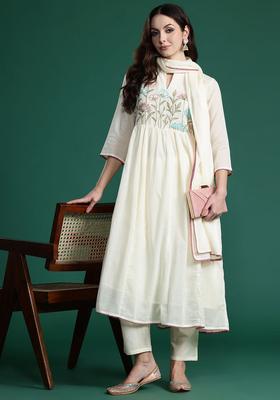 Off White Embroidered Cotton Kurta Set