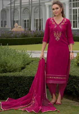 Fuchsia Embroidered Silk Kurta Set
