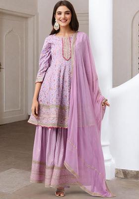 Lavender Printed Cotton Anarkali Set