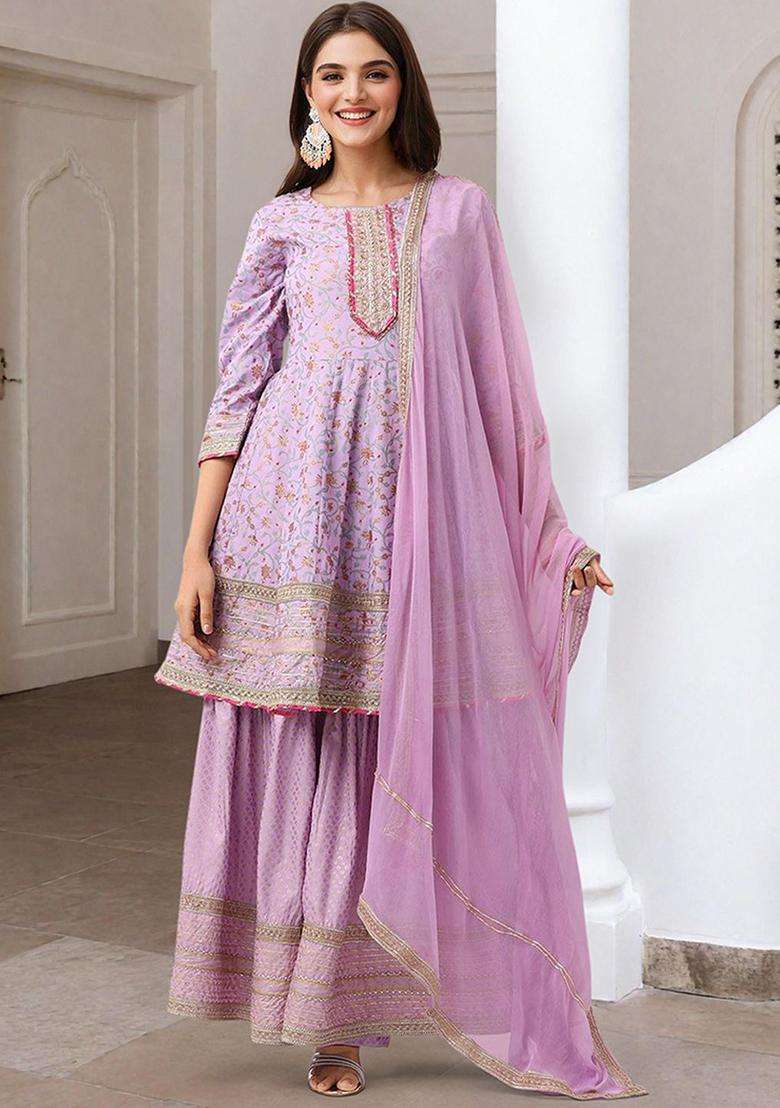 Lavender Printed Cotton Anarkali Set - Indya