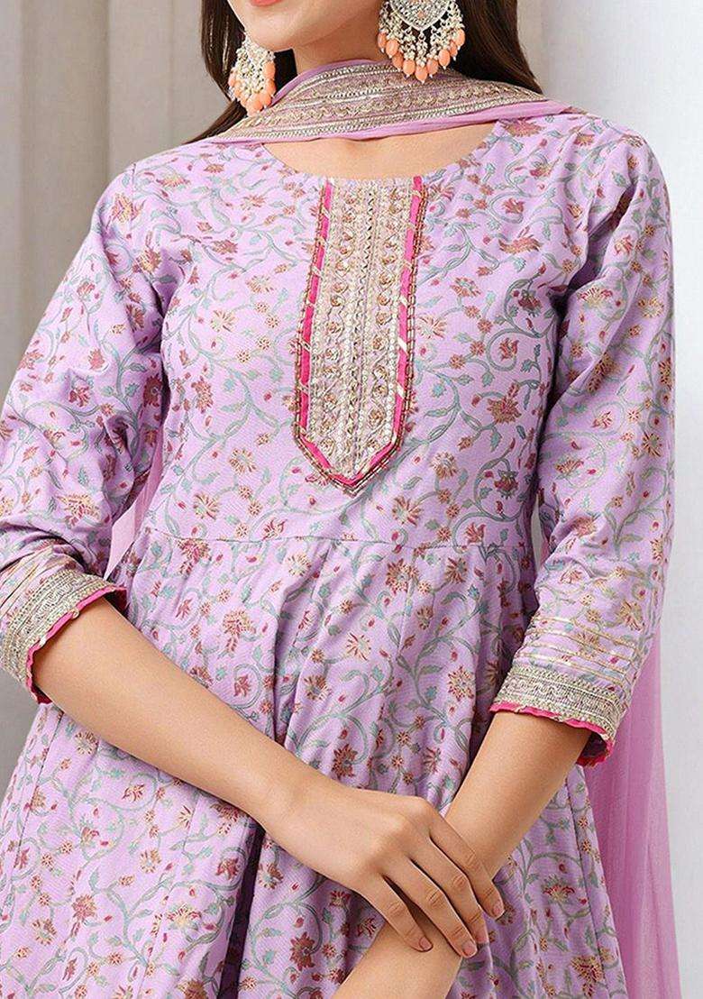 Lavender Printed Cotton Anarkali Set - Indya