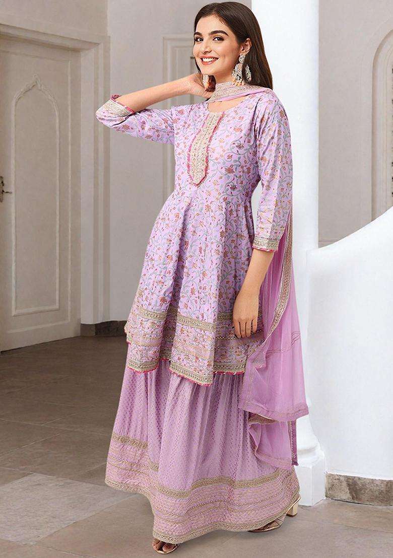 Lavender Printed Cotton Anarkali Set - Indya