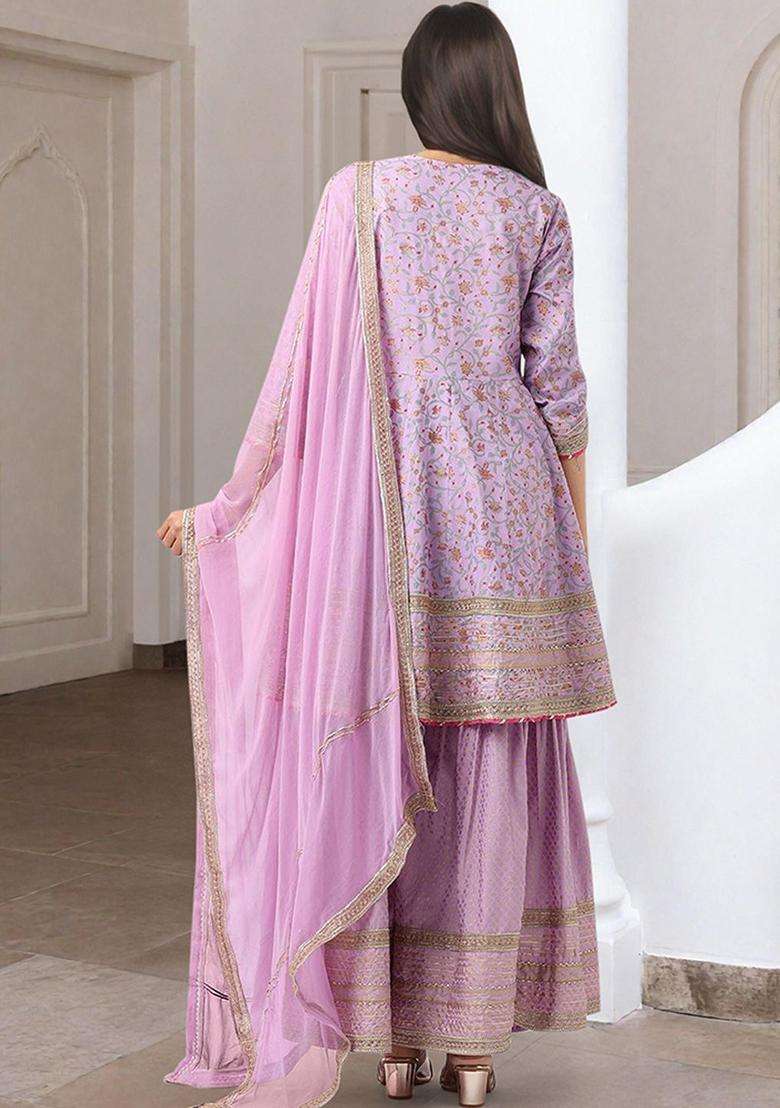 Lavender Printed Cotton Anarkali Set - Indya