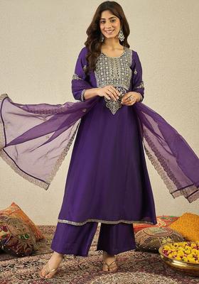 Purple Yoke Design Silk Blend Kurta Set
