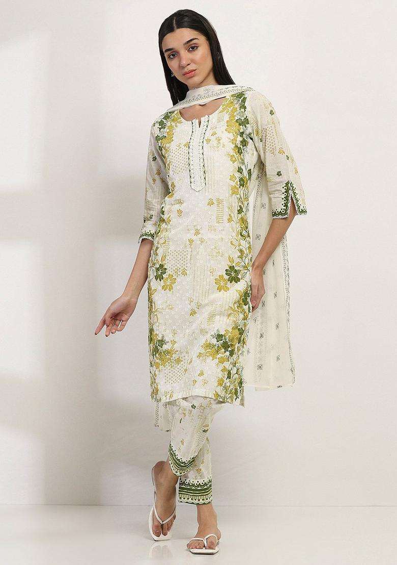 Green Printed Cotton Kurta Set - Indya