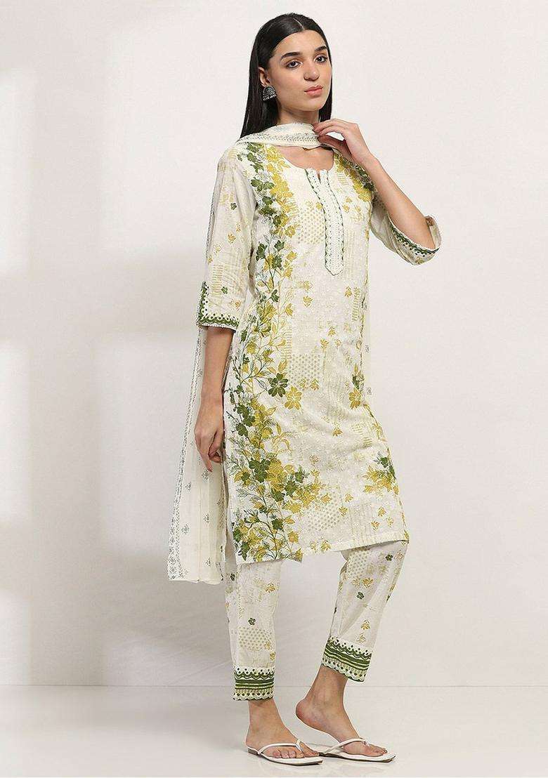 Green Printed Cotton Kurta Set - Indya
