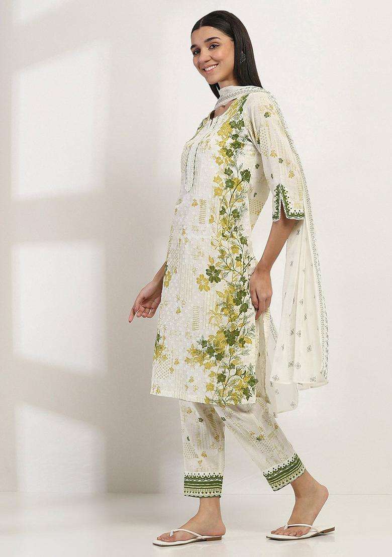 Green Printed Cotton Kurta Set - Indya