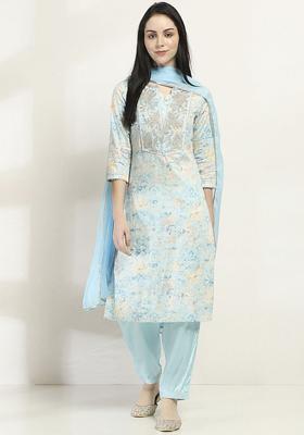 Blue Embroidered Cotton Kurta Set