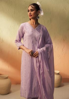 Purple Printed Cotton Kurta Set