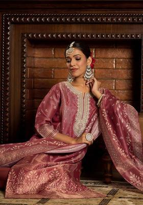 Rust Embroidered Silk Blend Kurta Set