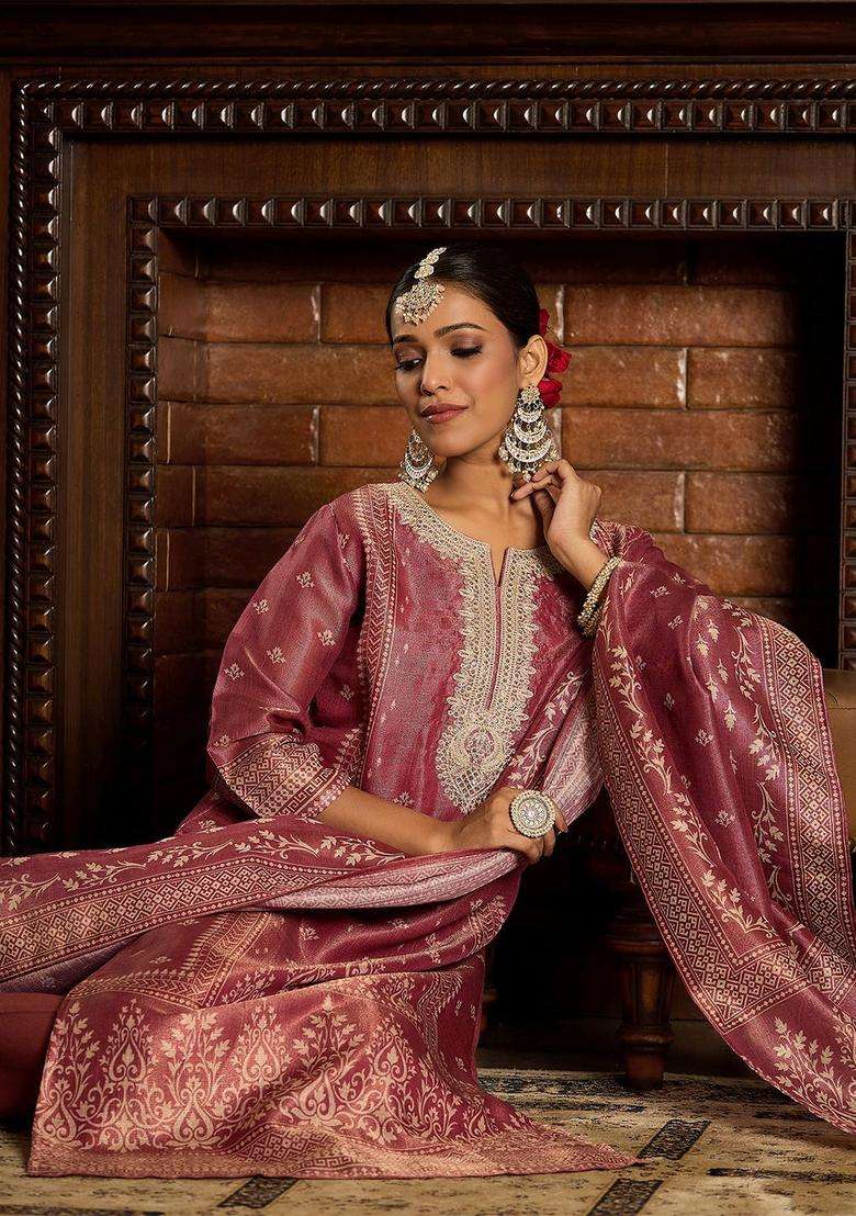 Rust Embroidered Silk Blend Kurta Set - Indya