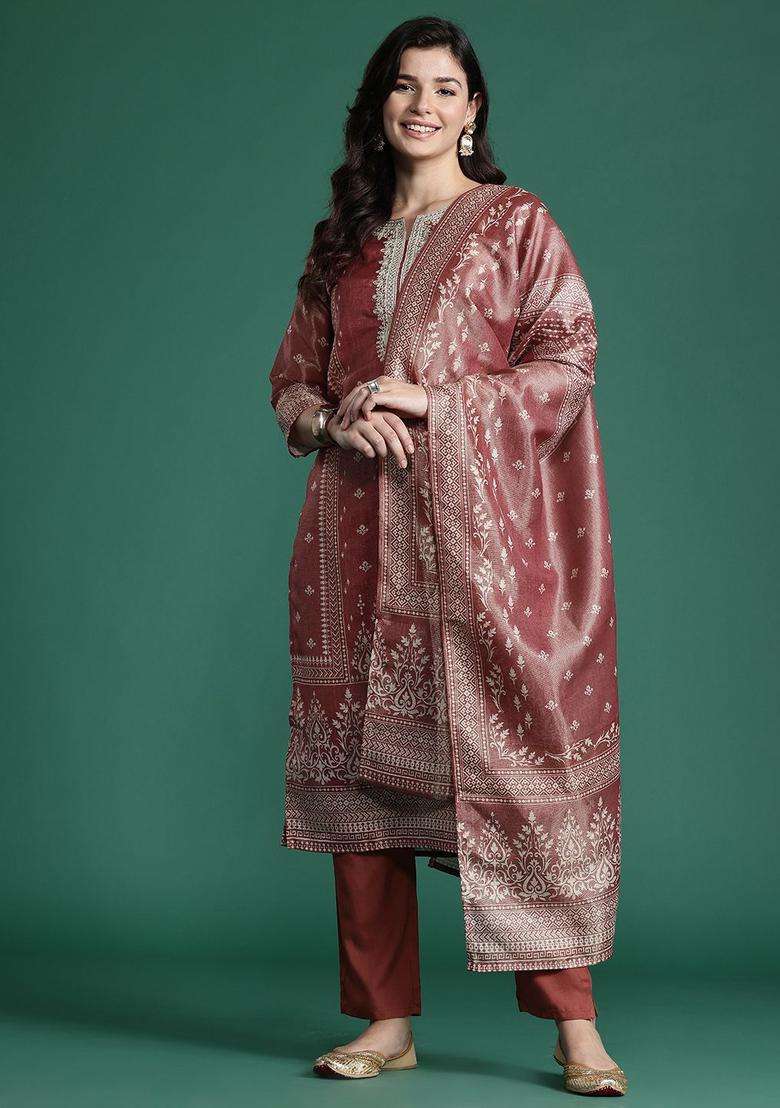 Rust Embroidered Silk Blend Kurta Set - Indya