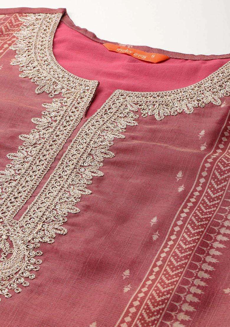 Rust Embroidered Silk Blend Kurta Set - Indya