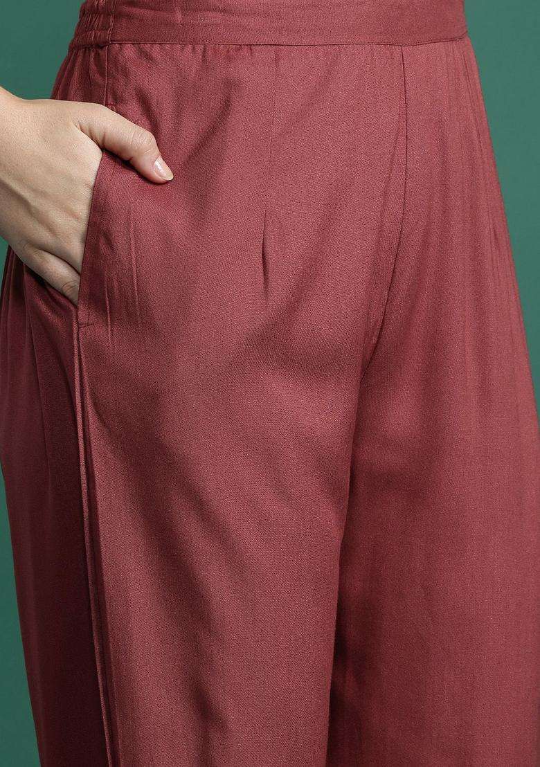 Rust Embroidered Silk Blend Kurta Set - Indya