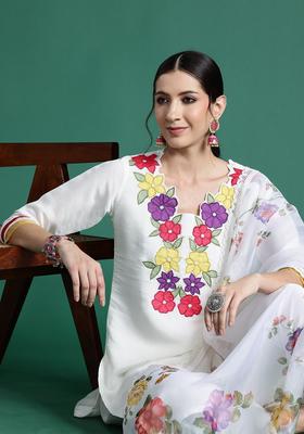 Off White Embroidered Silk Blend Kurta Set