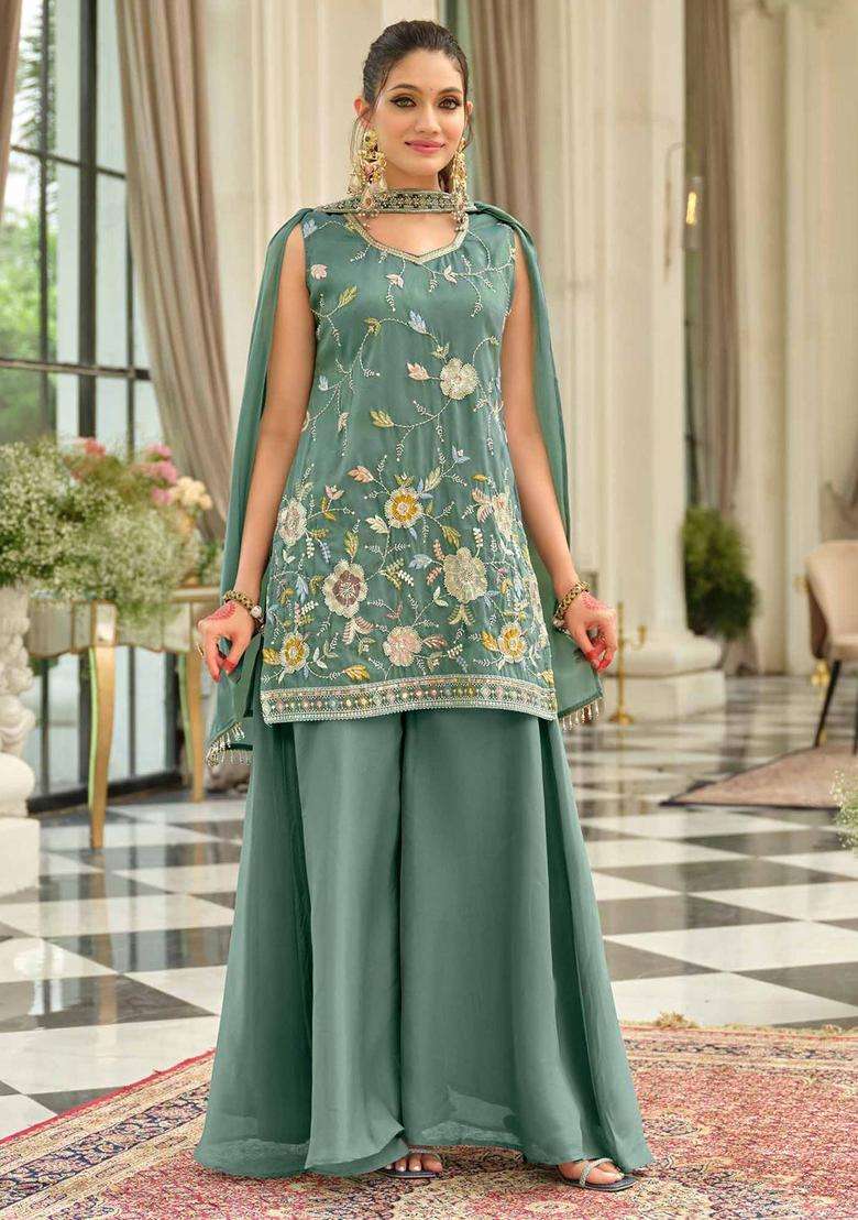 Grey Embroidered Silk Blend Kurta Set - Indya