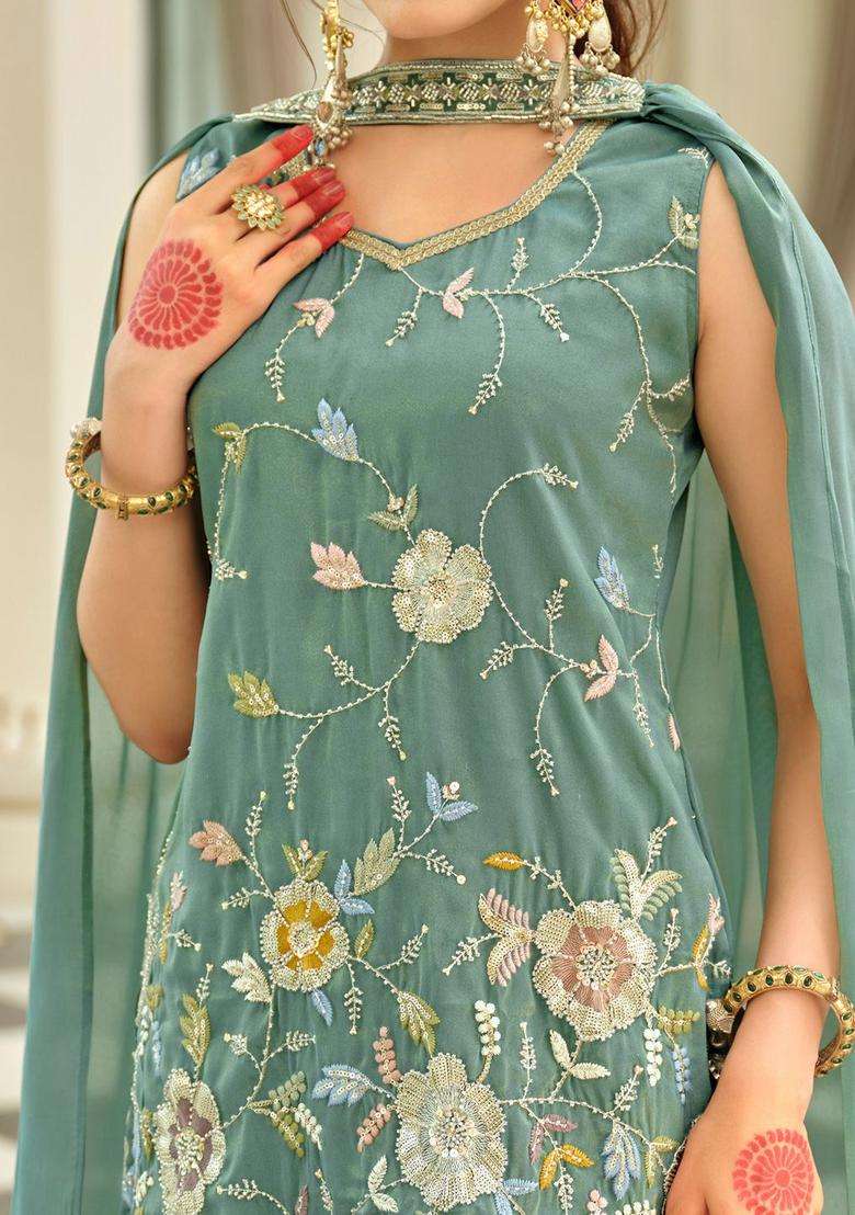 Grey Embroidered Silk Blend Kurta Set - Indya