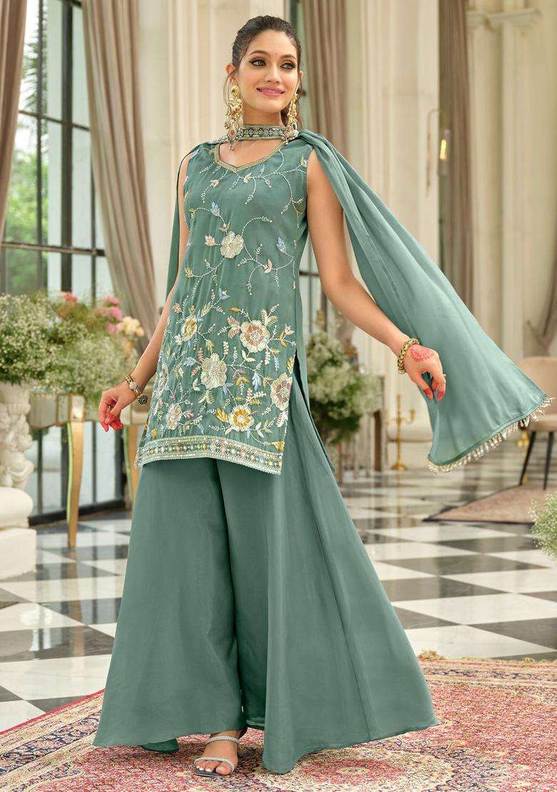 Grey Embroidered Silk Blend Kurta Set - Indya
