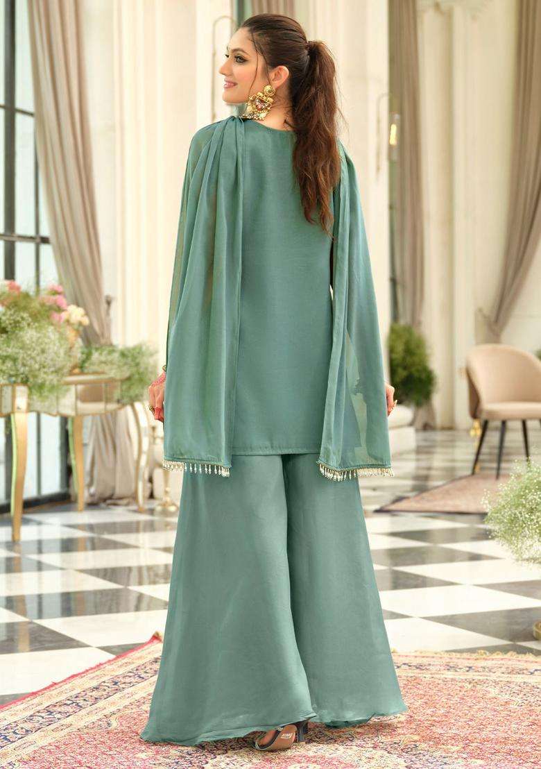 Grey Embroidered Silk Blend Kurta Set - Indya