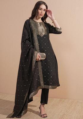 Black Woven Design Silk Blend Kurta Set