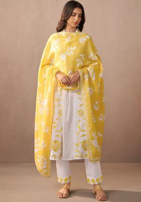Off White Embroidered Cotton Kurta Set
