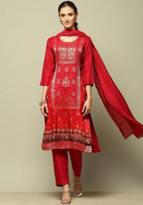 Red Woven Design Viscose Kurta Set