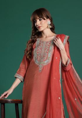 Rust Embroidered Silk Blend Kurta Set