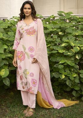 Beige Embroidered Silk Kurta Set