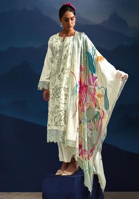 Cream Embroidered Silk Blend Kurta Set