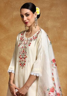 Off White Yoke Design Silk Blend Kurta Set