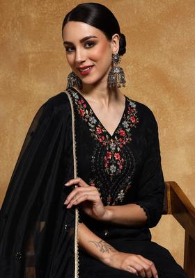 Black Yoke Design Silk Blend Kurta Set