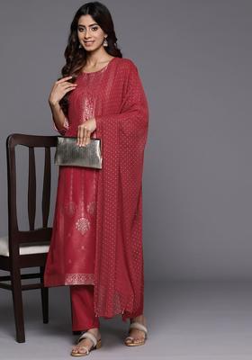 Rust Woven Design Silk Blend Kurta Set