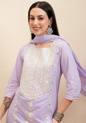 Lavender Embroidered Cotton Kurta Set