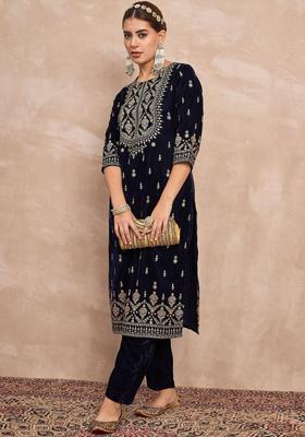 Navy Blue Embroidered Velvet Kurta Set