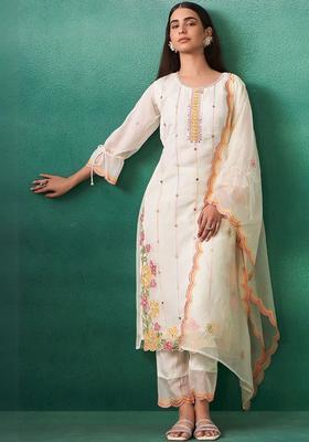 Off White Embroidered Organza Kurta Set