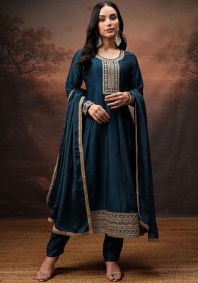 Navy Blue Embroidered Polyester Kurta Set