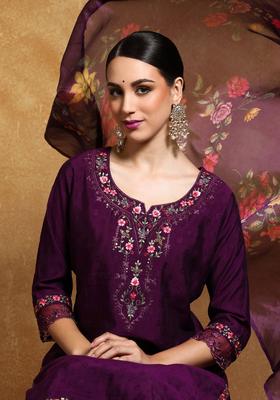 Purple Yoke Design Silk Blend Kurta Set