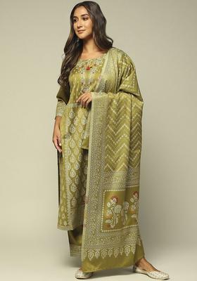 Green Printed Polyester Kurta Set