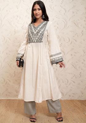 Cream Embroidered Cotton Kurta Set