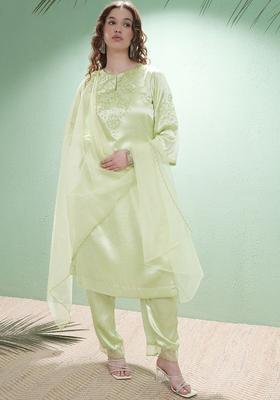 Green Embroidered Polyester Kurta Set