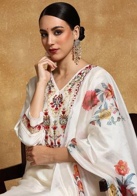 Off White Printed Silk Blend Kurta Set