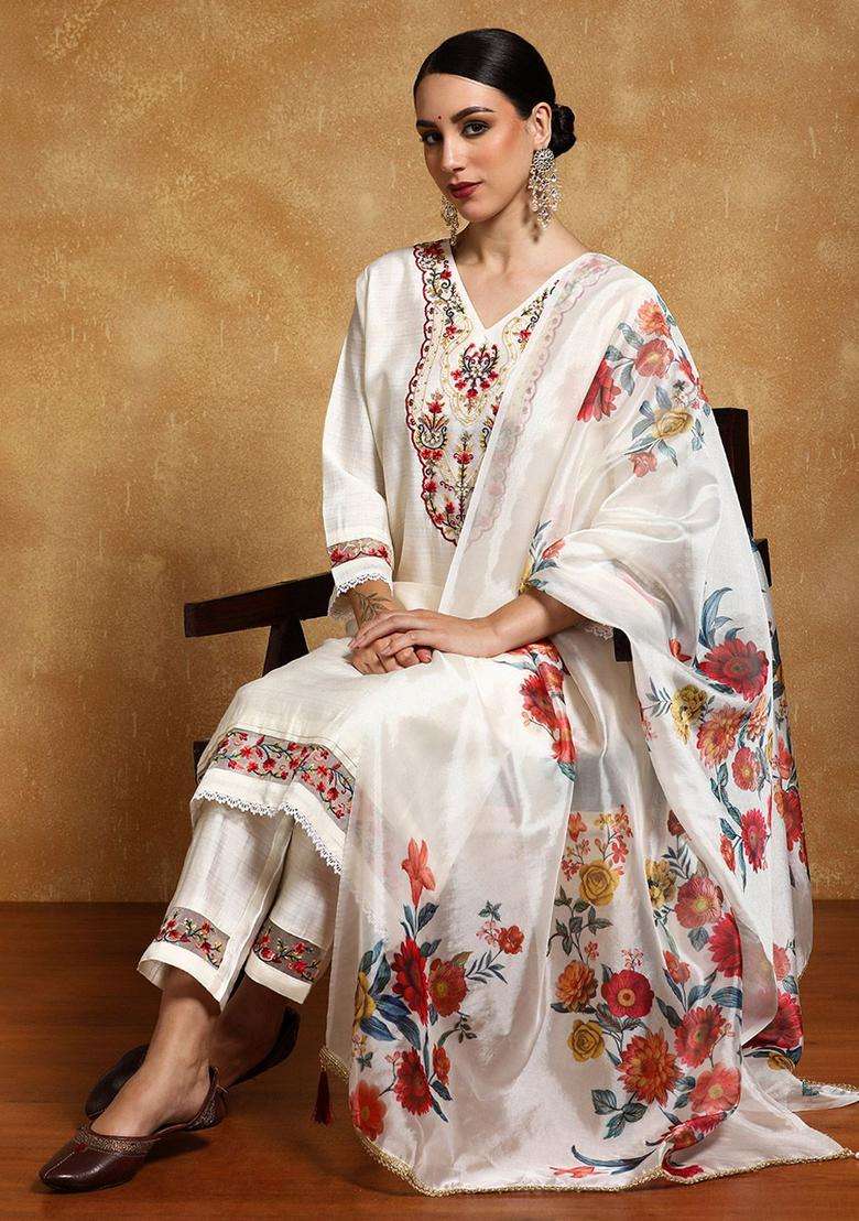 Off White Printed Silk Blend Kurta Set - Indya