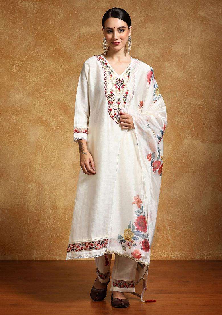 Off White Printed Silk Blend Kurta Set - Indya